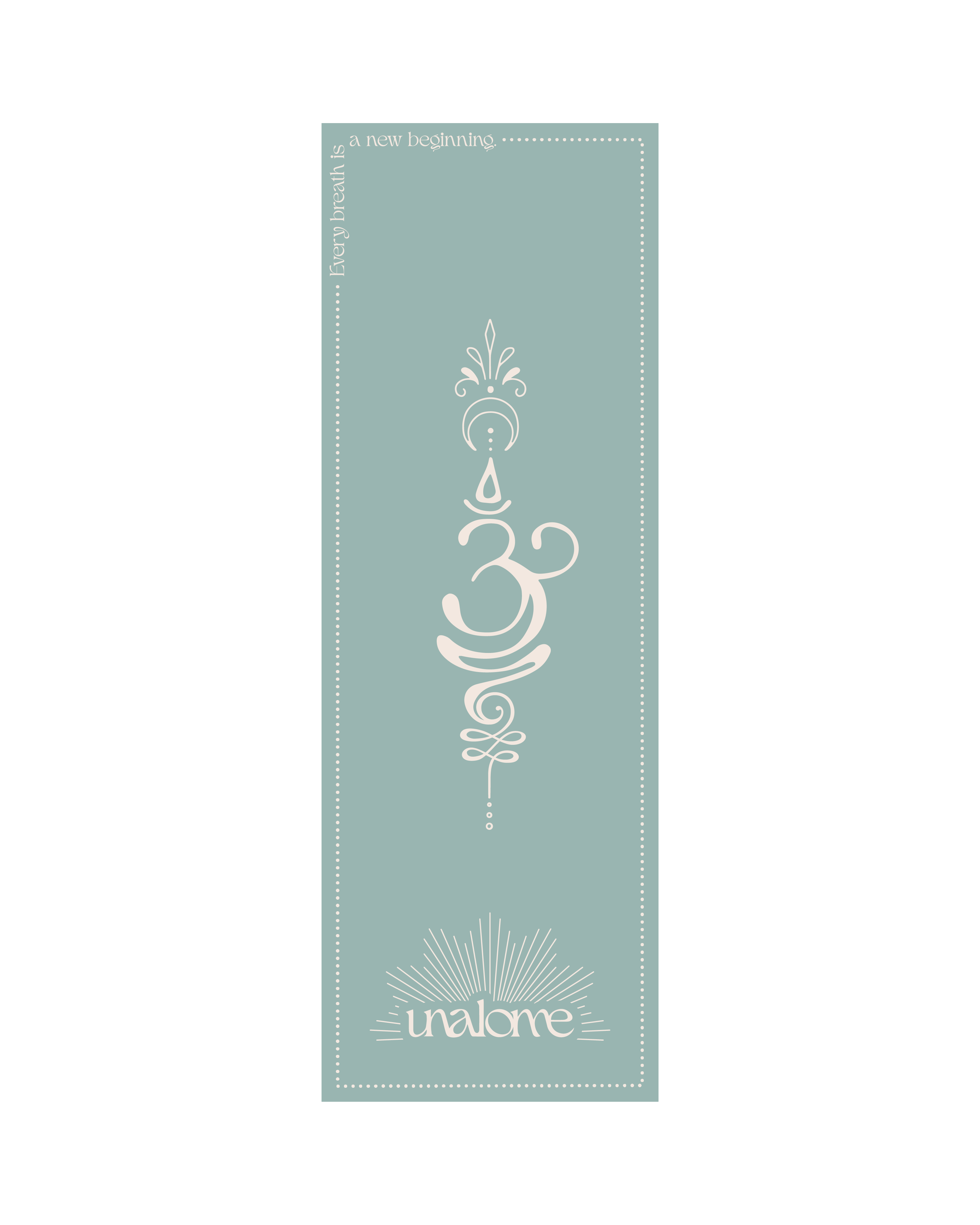 light blue non slip hot yoga towel with OM symbol and other minimal design details. verbiage saying 'every breath is a new beginning'