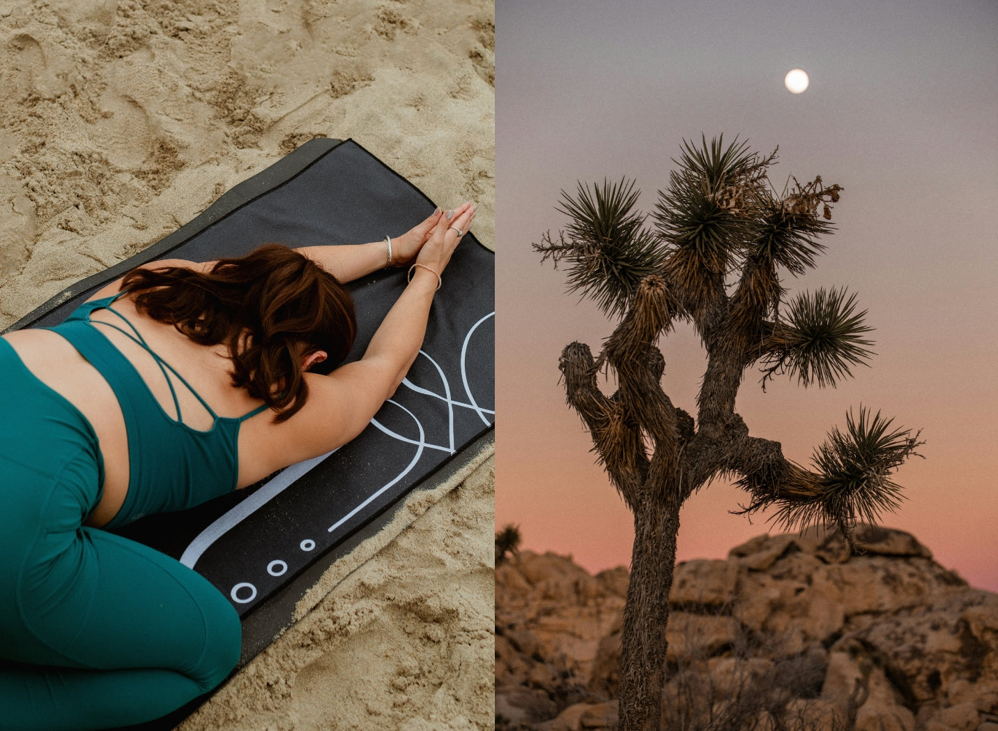 Woman practicing yoga on beach with second image of a Joshua tree landscape