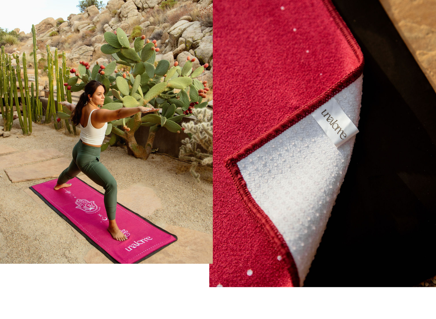 Woman practicing yoga on a pink Unalome brand towel outdoors with cacti in the background.