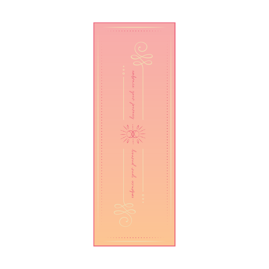 Unalome Glow hot yoga towel laid flat — vibrant coral-pink microfiber with minimalist sun-fleur graphic, featuring high-traction silicone backing