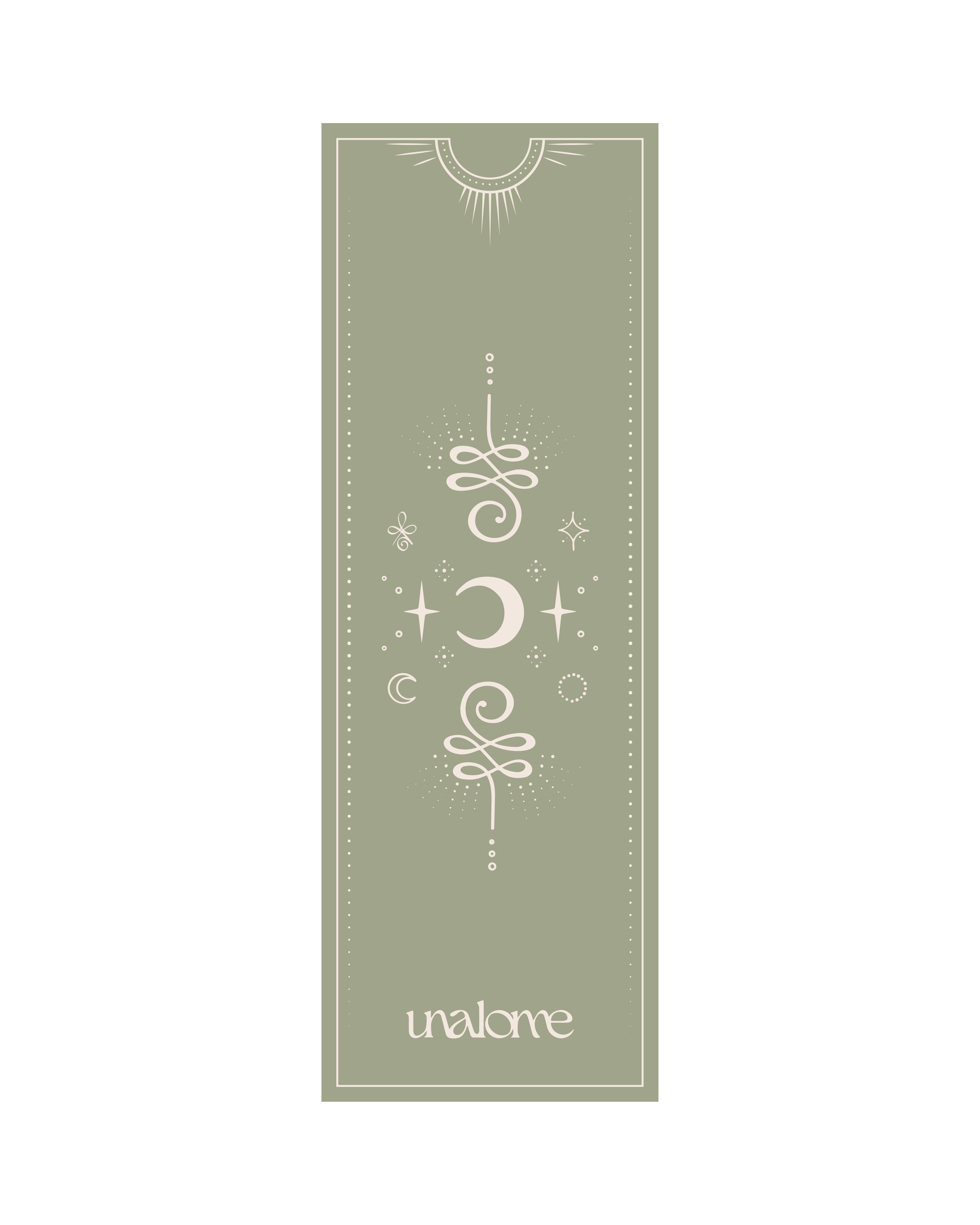Light Green hot yoga towel with white colored symbols such a moon, stars, circles and sun
