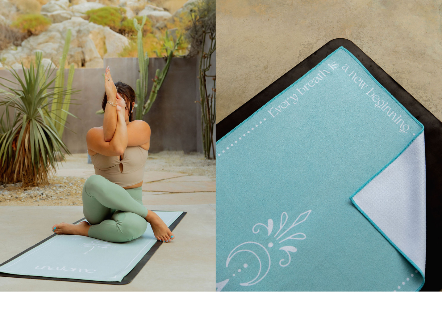 Woman practicing yoga in desert setting with non slip yoga towel