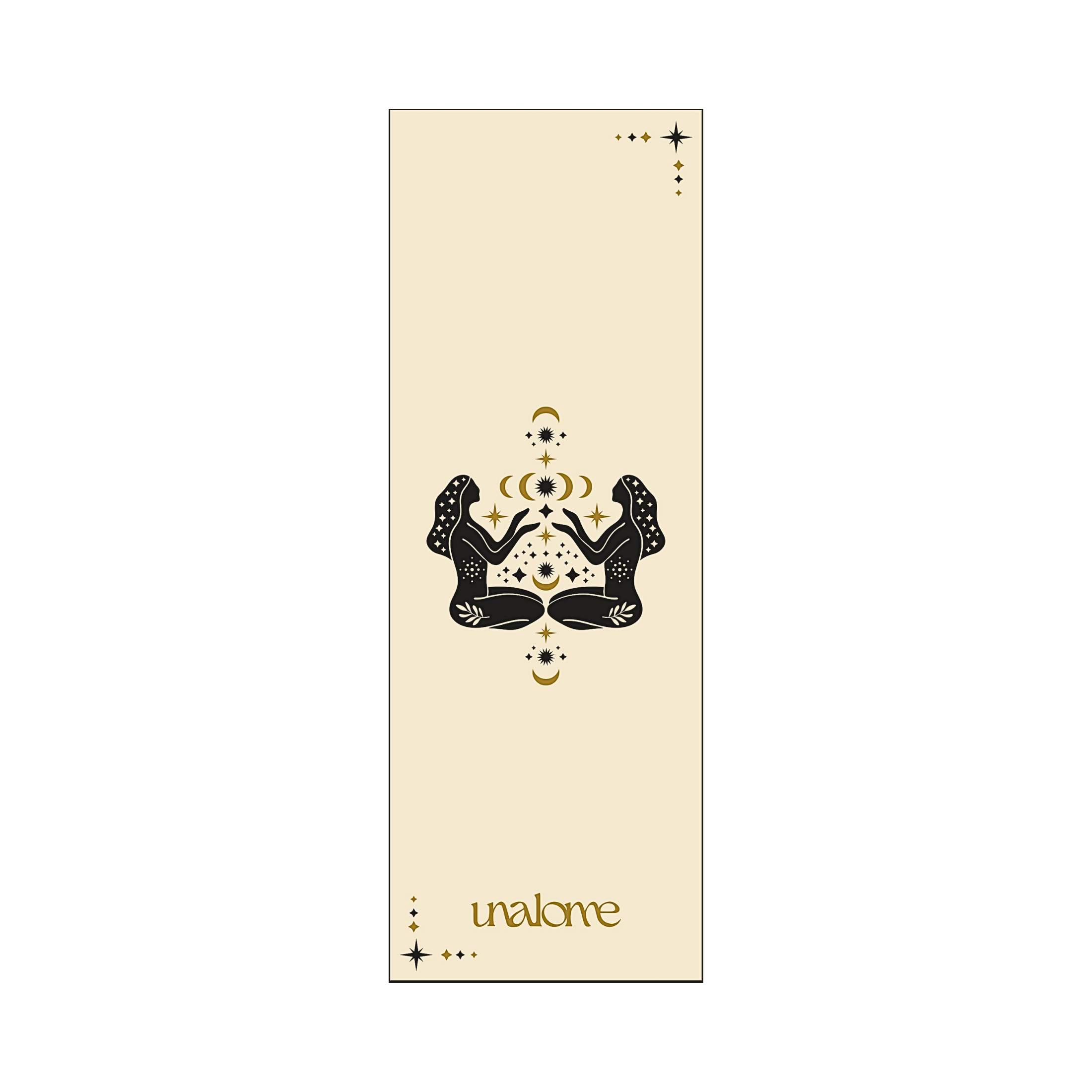 Unalome hot yoga towel with celestial goddess design on buttery yellow background – eco-friendly, non-slip towel for Bikram and vinyasa yoga.