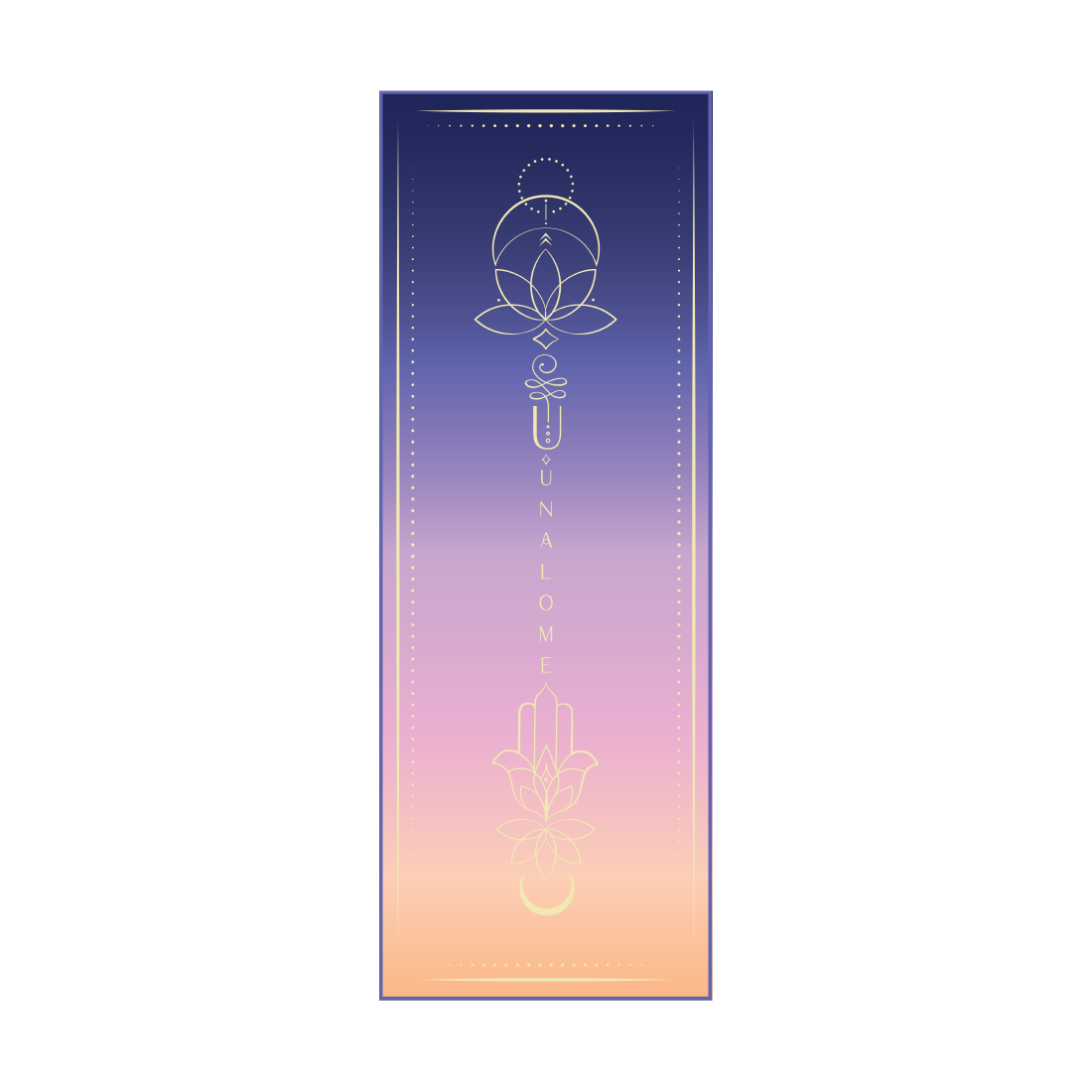 Unalome Sunset hot yoga towel laid flat — gradient sunset hues of purple, coral, blush, and golden orange with central unalome symbol and textured grip for hot yoga