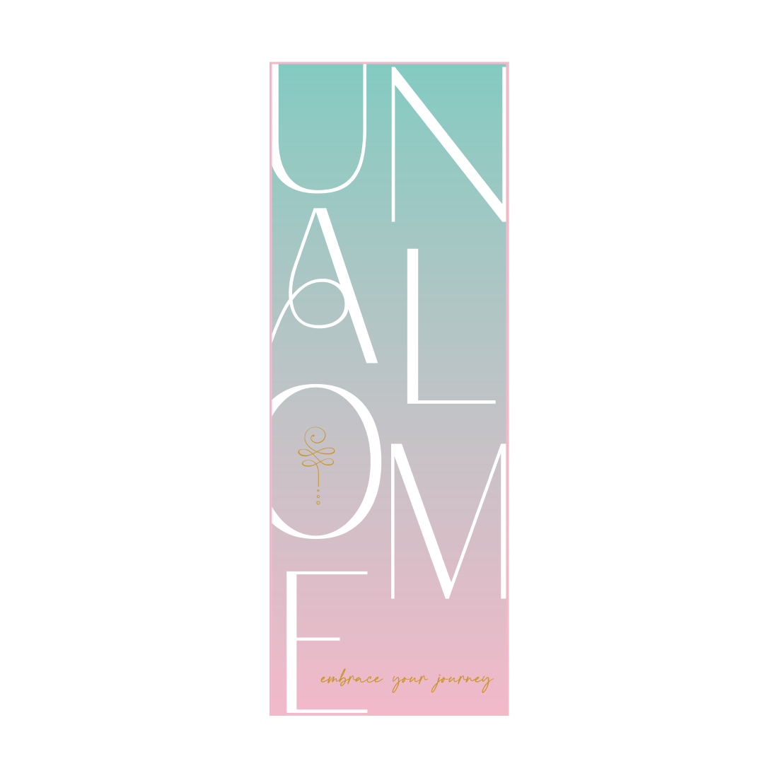Non slip hot yoga towel with mint and light pink colors. white lettering of 'unalome'. luxurious microfiber blend