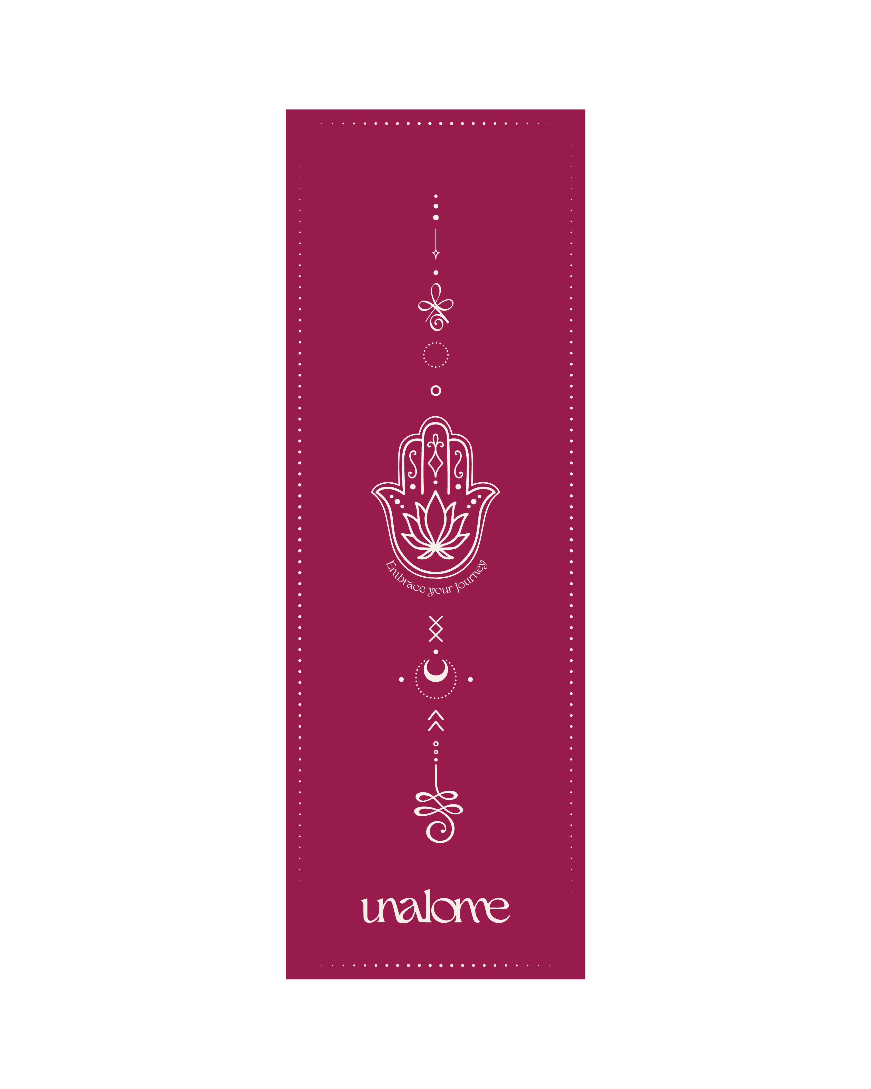 bright and deep pink hot yoga towel called Vitality by Unalome Yoga, with symbols in white detailing across the towel