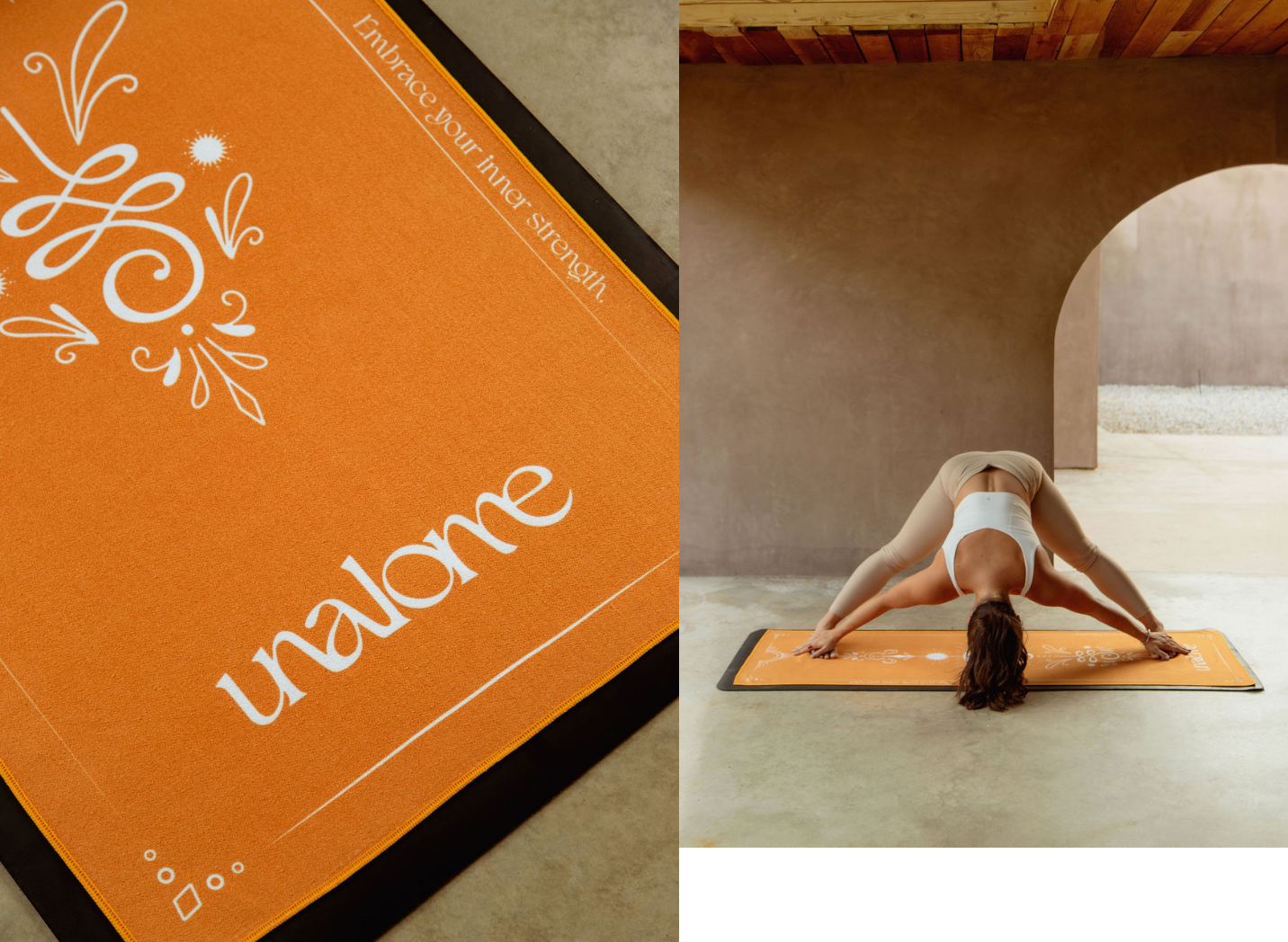 orange yoga towel with woman practicing yoga